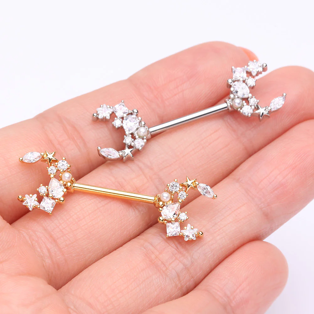 A Pair of Celestial Sparkle Crescent Moon Array Nipple Barbell - Image 4