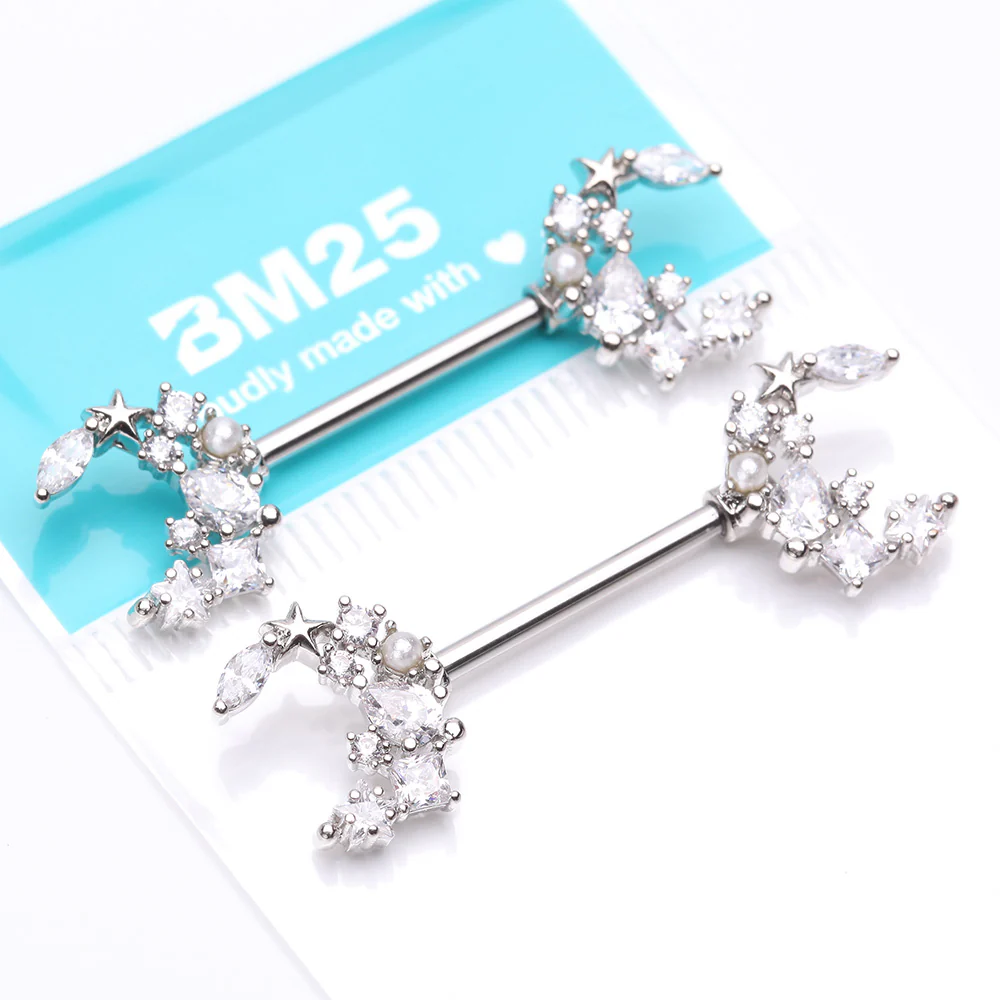 A Pair of Celestial Sparkle Crescent Moon Array Nipple Barbell - Image 5