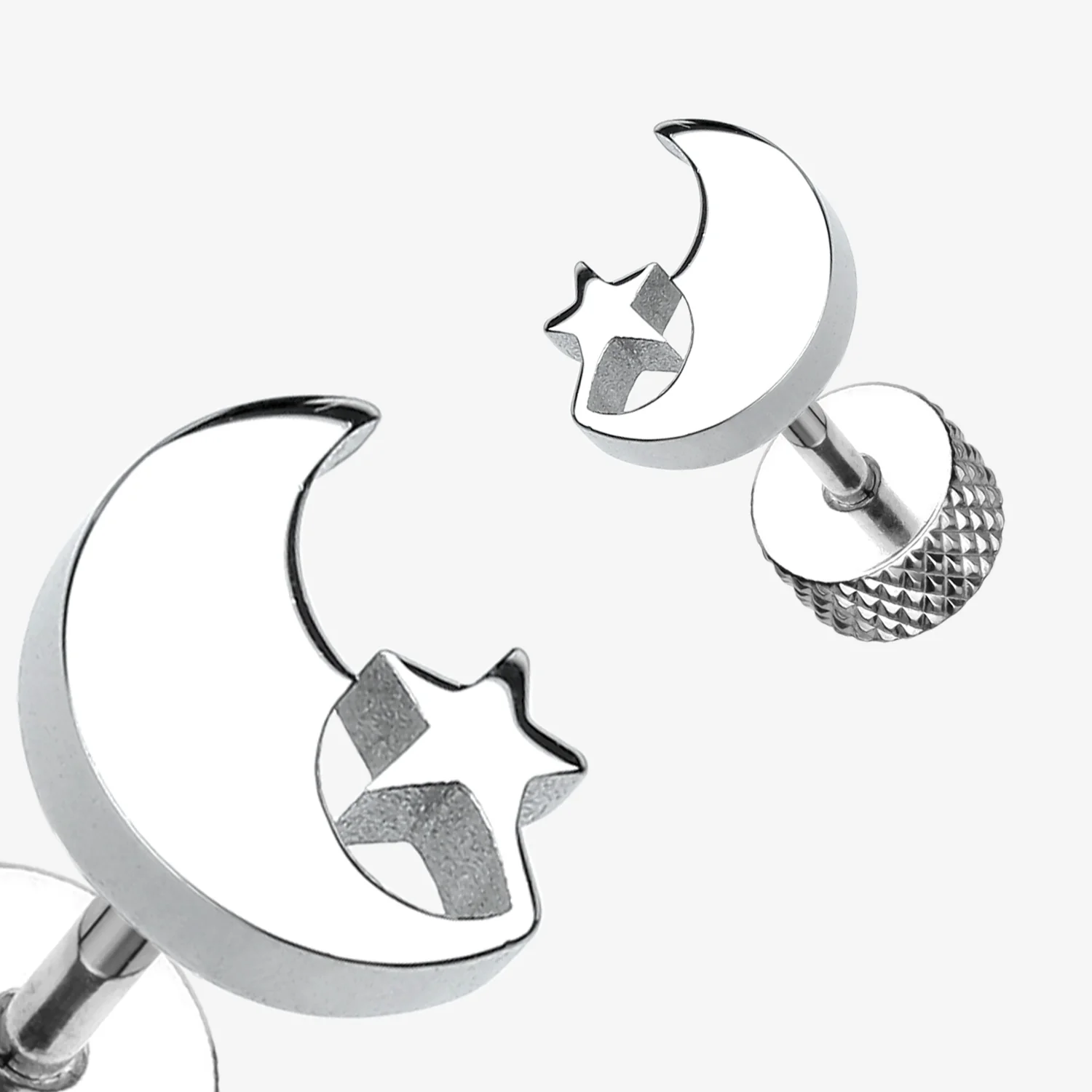 A Pair of Crescent Moon & Star Steel Fake Plug Earring - Image 2