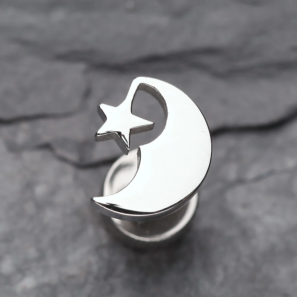 A Pair of Crescent Moon & Star Steel Fake Plug Earring - Image 3