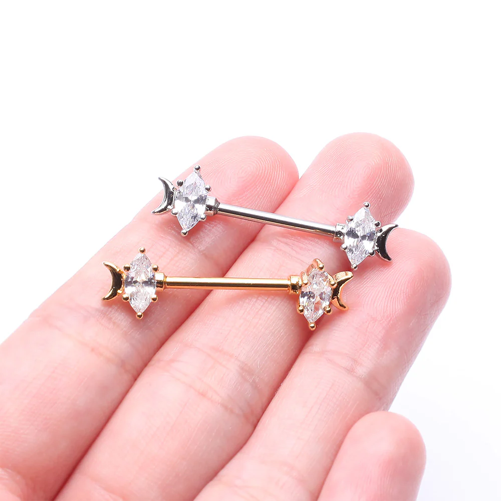 A Pair of Crescent Moon Phase Marquise Sparkle Nipple Barbell - Image 4