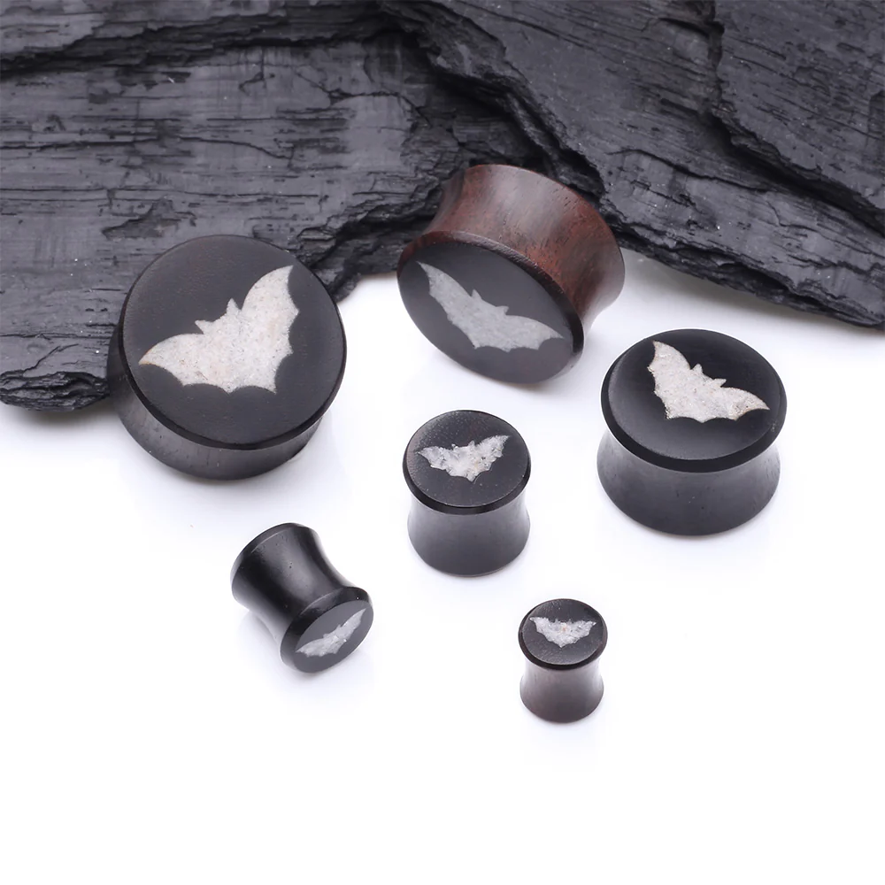 A Pair of Crystal Quartz Bat Inlay Ebony Wood Double Flared Ear Gauge Plug - Image 3