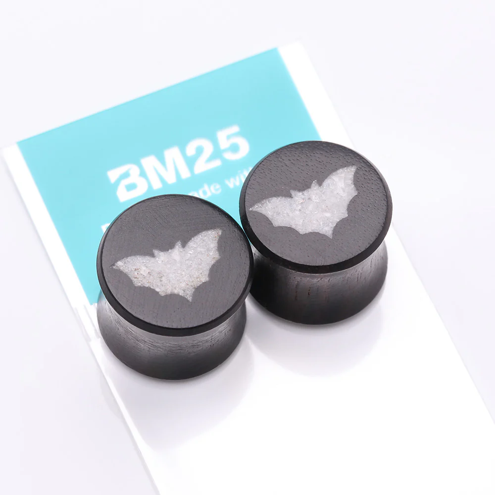 A Pair of Crystal Quartz Bat Inlay Ebony Wood Double Flared Ear Gauge Plug - Image 4