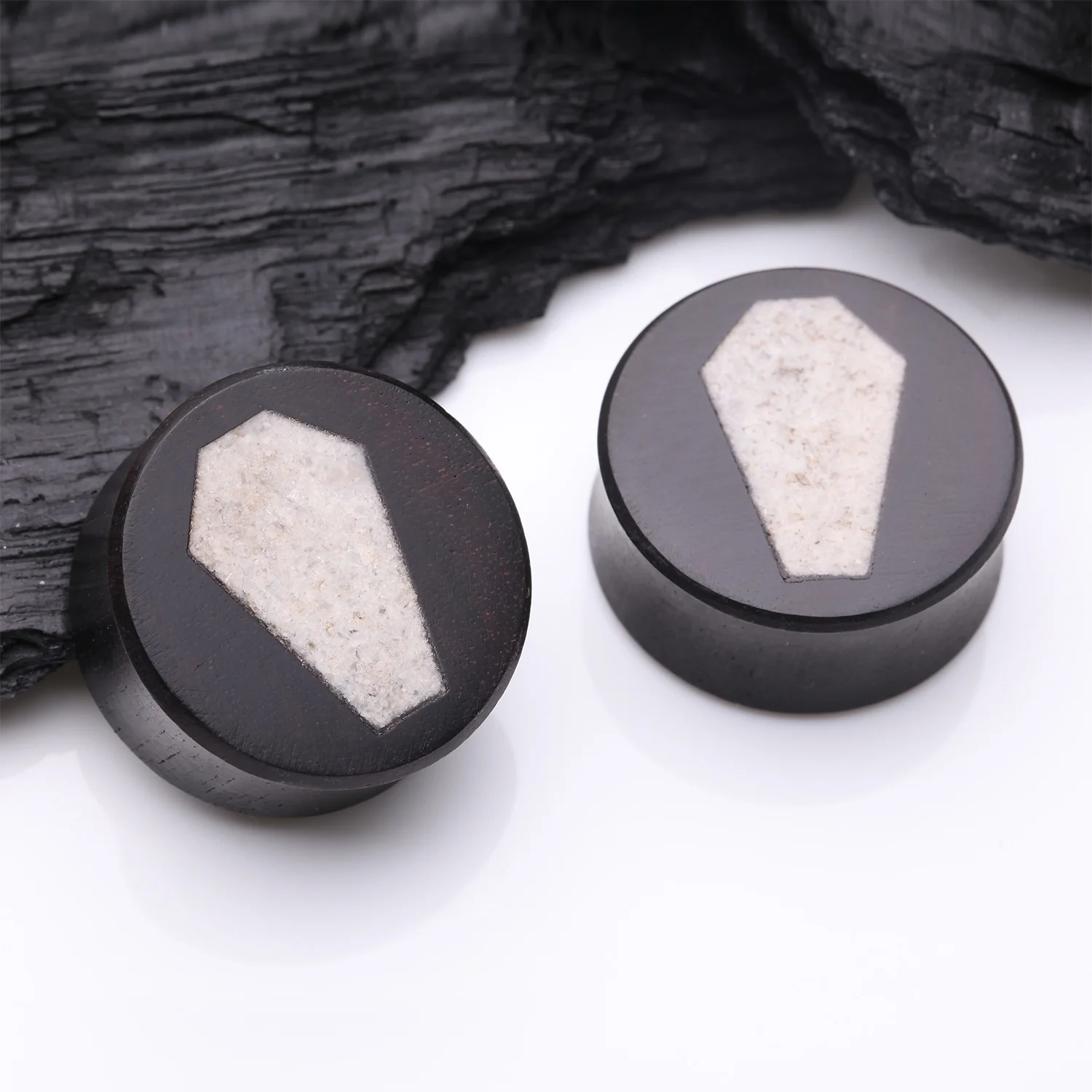 A Pair of Crystal Quartz Coffin Inlay Ebony Wood Double Flared Ear Gauge Plug - Image 2