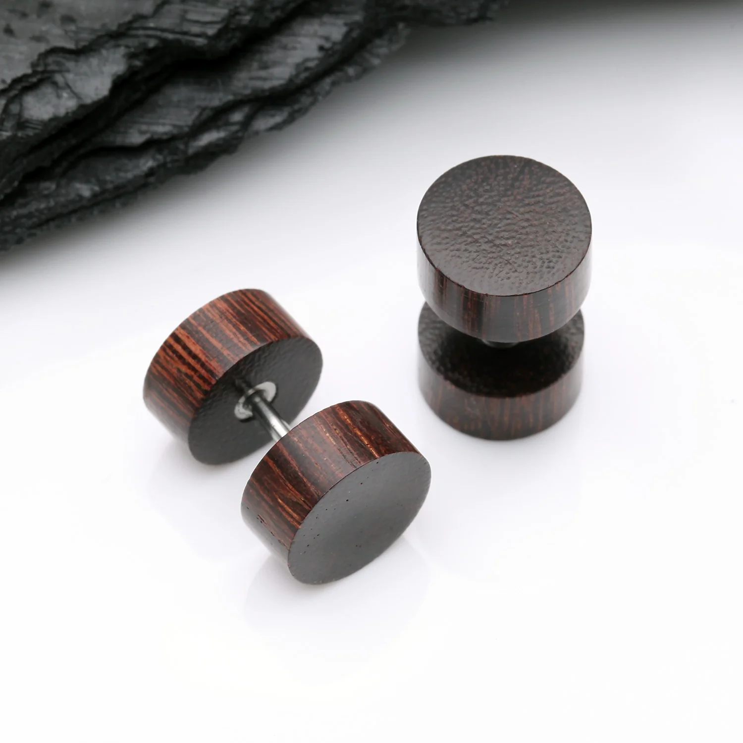 A Pair of Dark Tamarind Wood Fake Plug Earring - Image 2