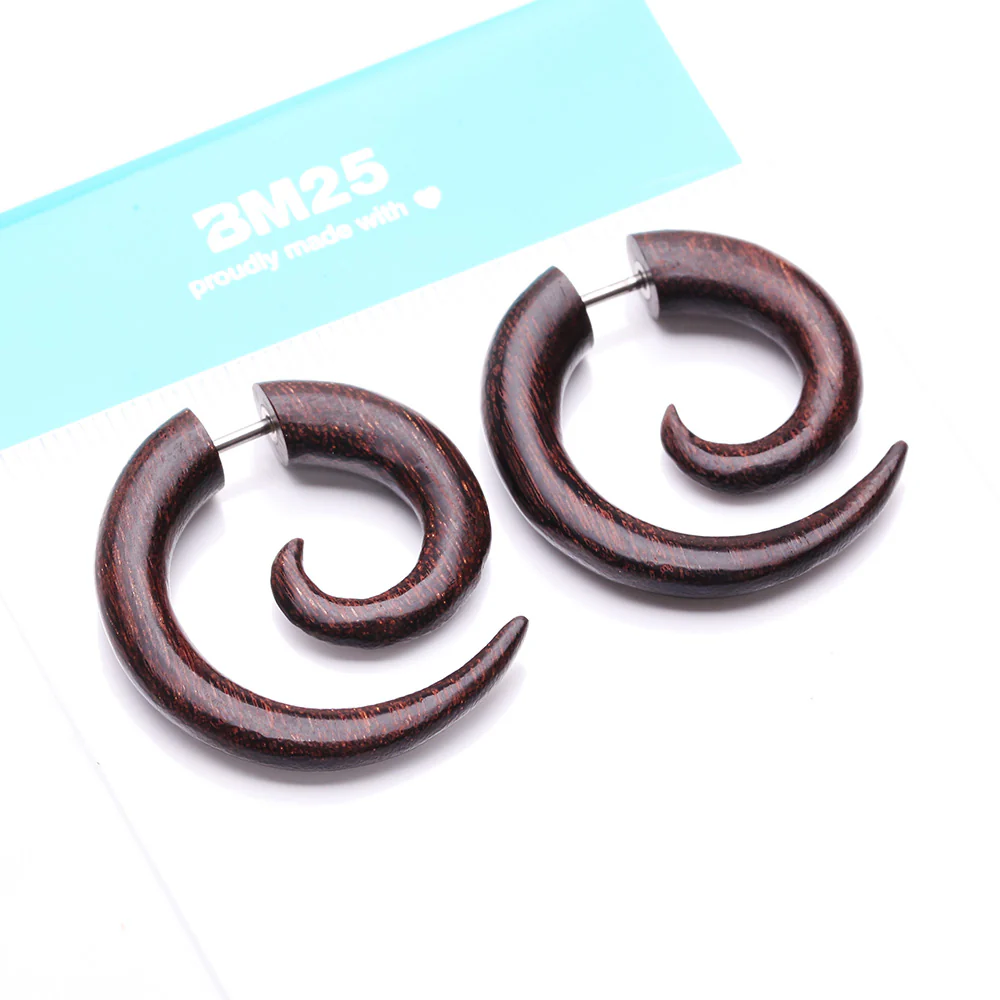 A Pair of Dark Tamarind Wood Fake Spiral Hanger Earring - Image 5