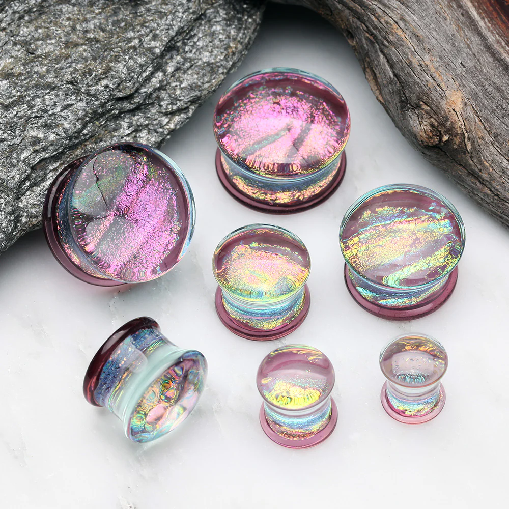 A Pair of Dichroic Glass Purple Rainbow Iridescent Double Flared Plug - Image 3