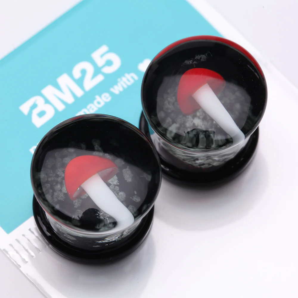 A Pair of Enchanted Red Mushroom Glow in the Dark Double Flared Glass Plug - Image 4
