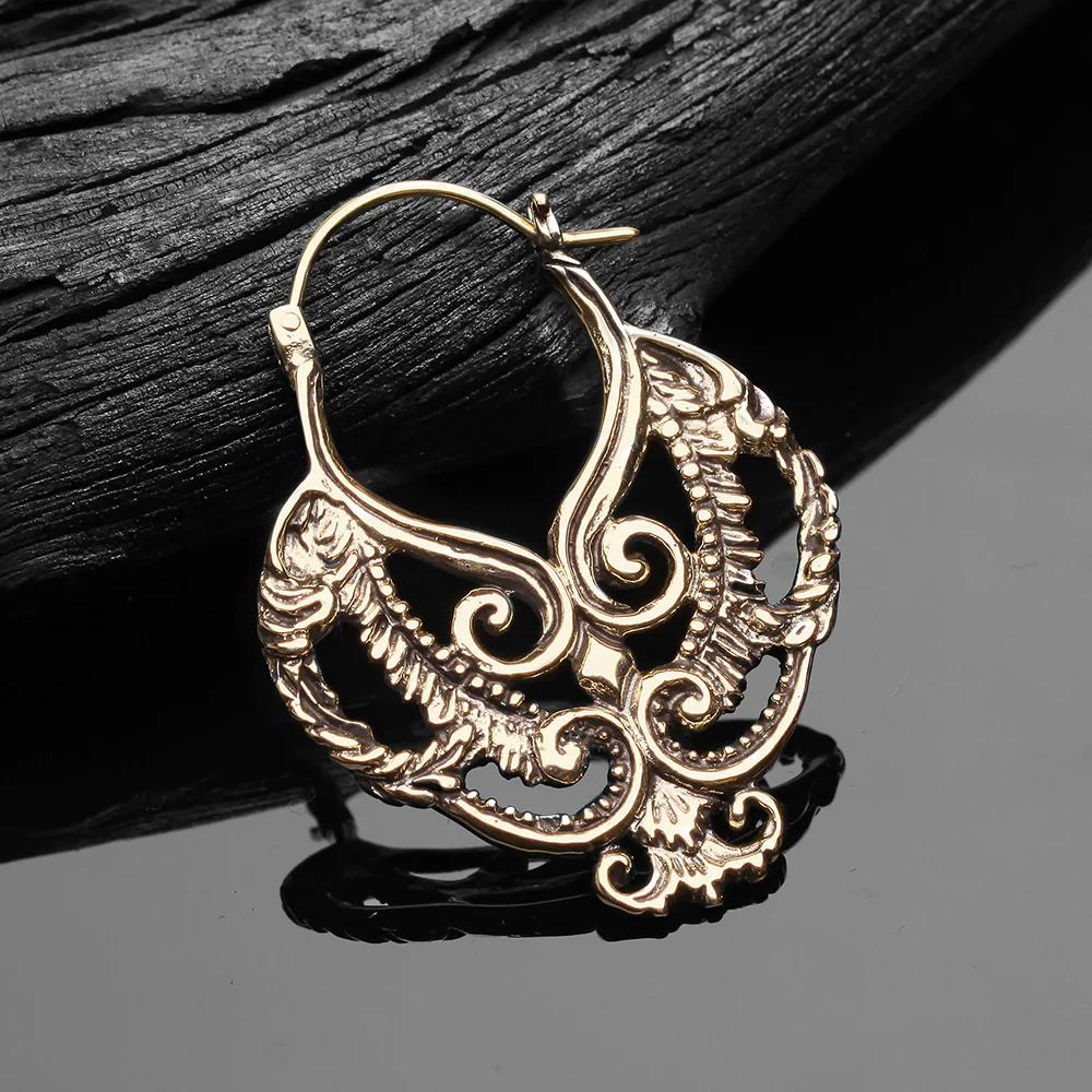 A Pair of Enchanted Royal Bali Filigree Golden Brass Plug Hoop Earring - Image 3