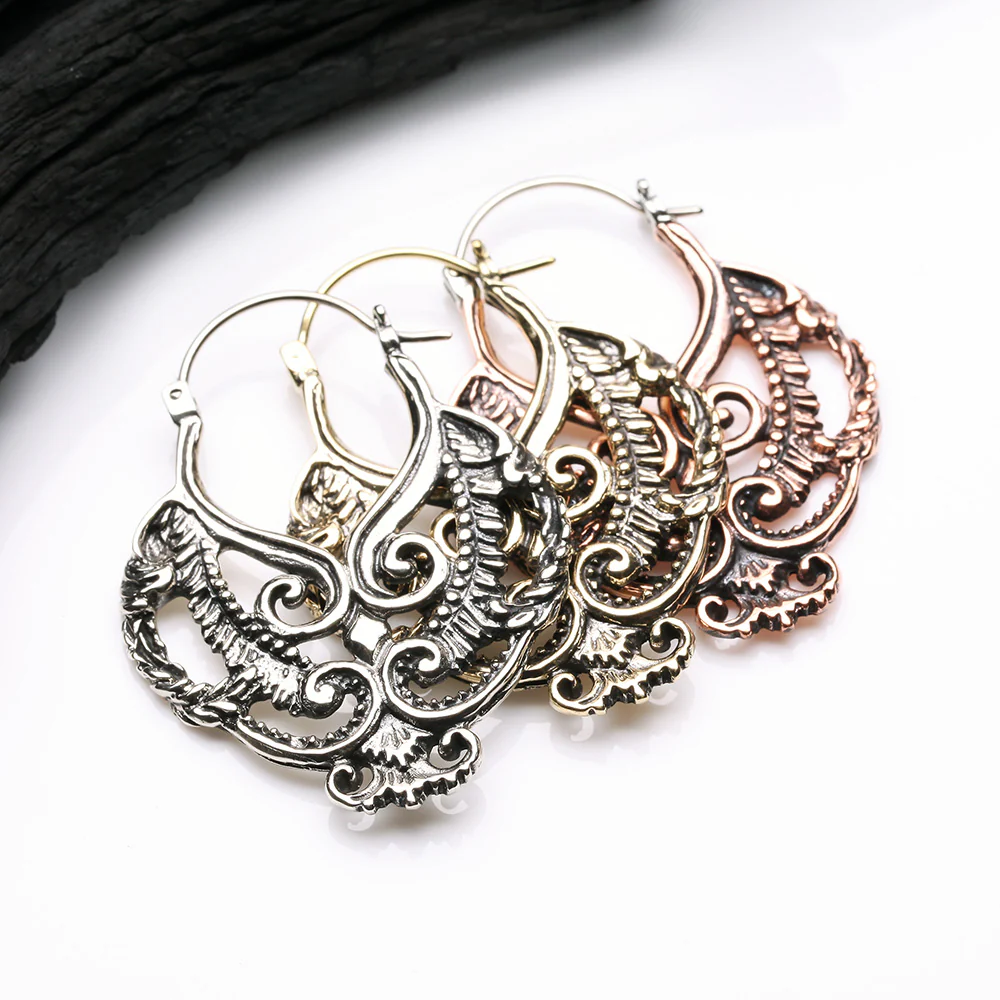 A Pair of Enchanted Royal Bali Filigree Golden Brass Plug Hoop Earring - Image 4