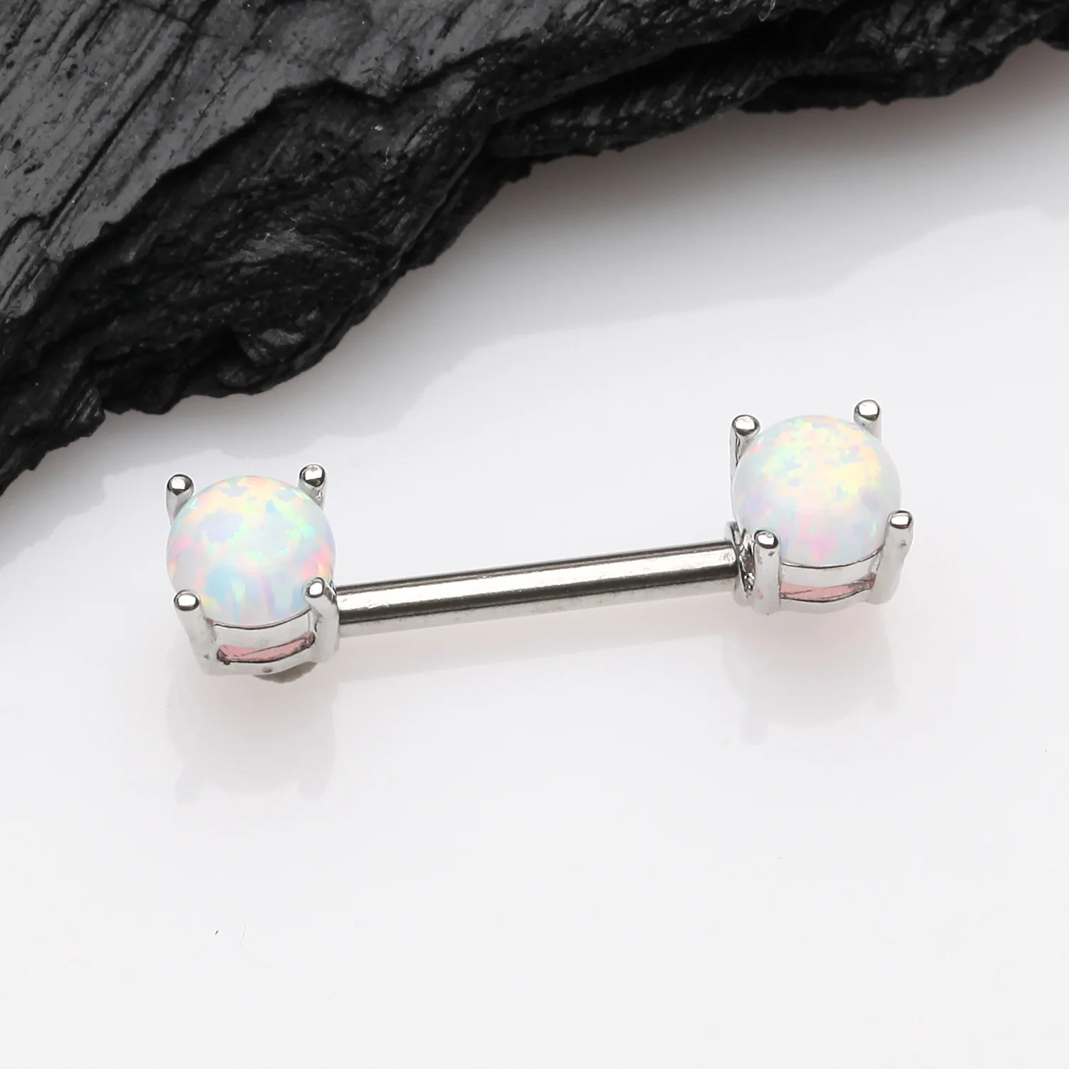 A Pair of Fire Opal Prong Set Sparkle Nipple Barbell - Image 2