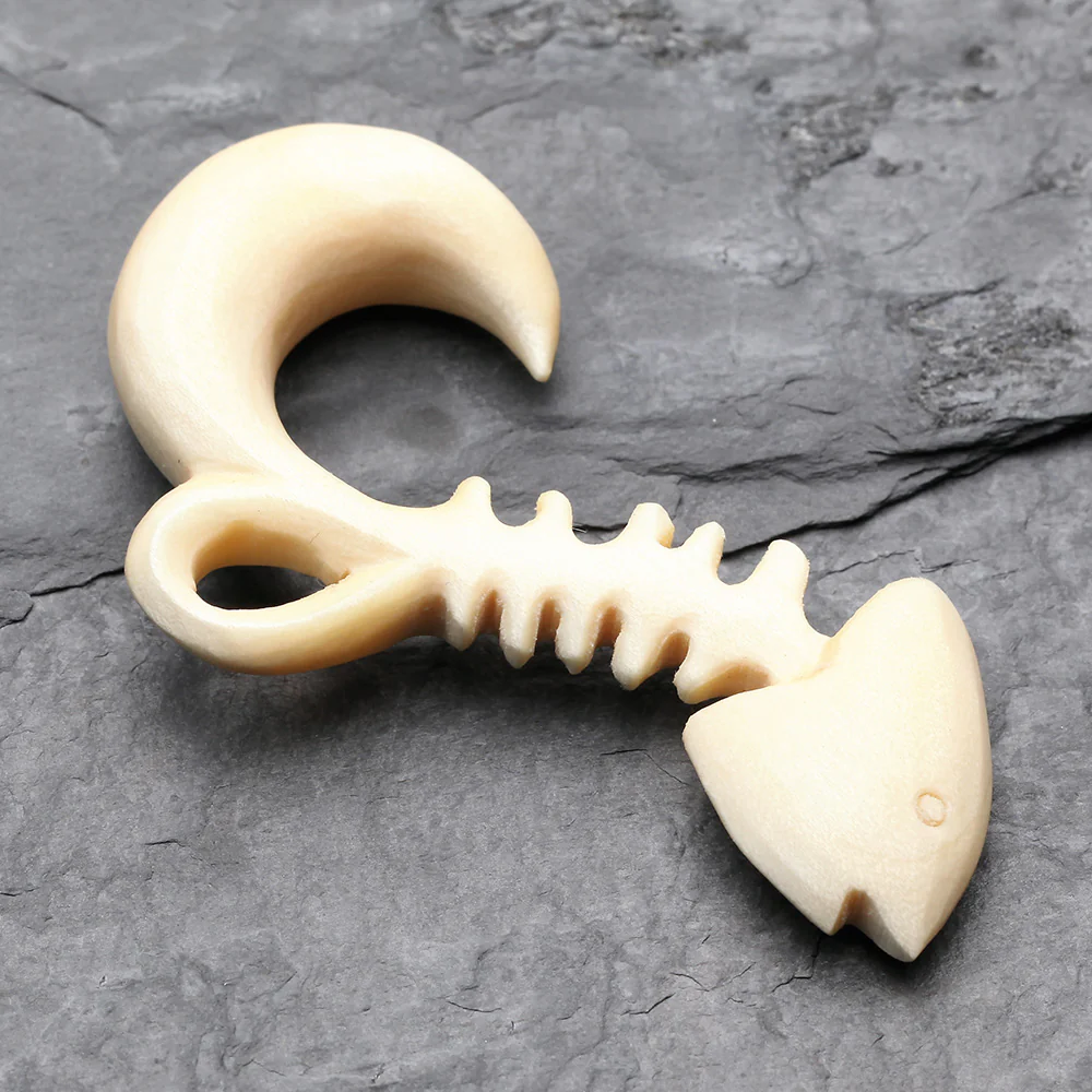 A Pair of Fish Bone Fossil Crocodile Wood Ear Gauge Taper Hanger - Image 3
