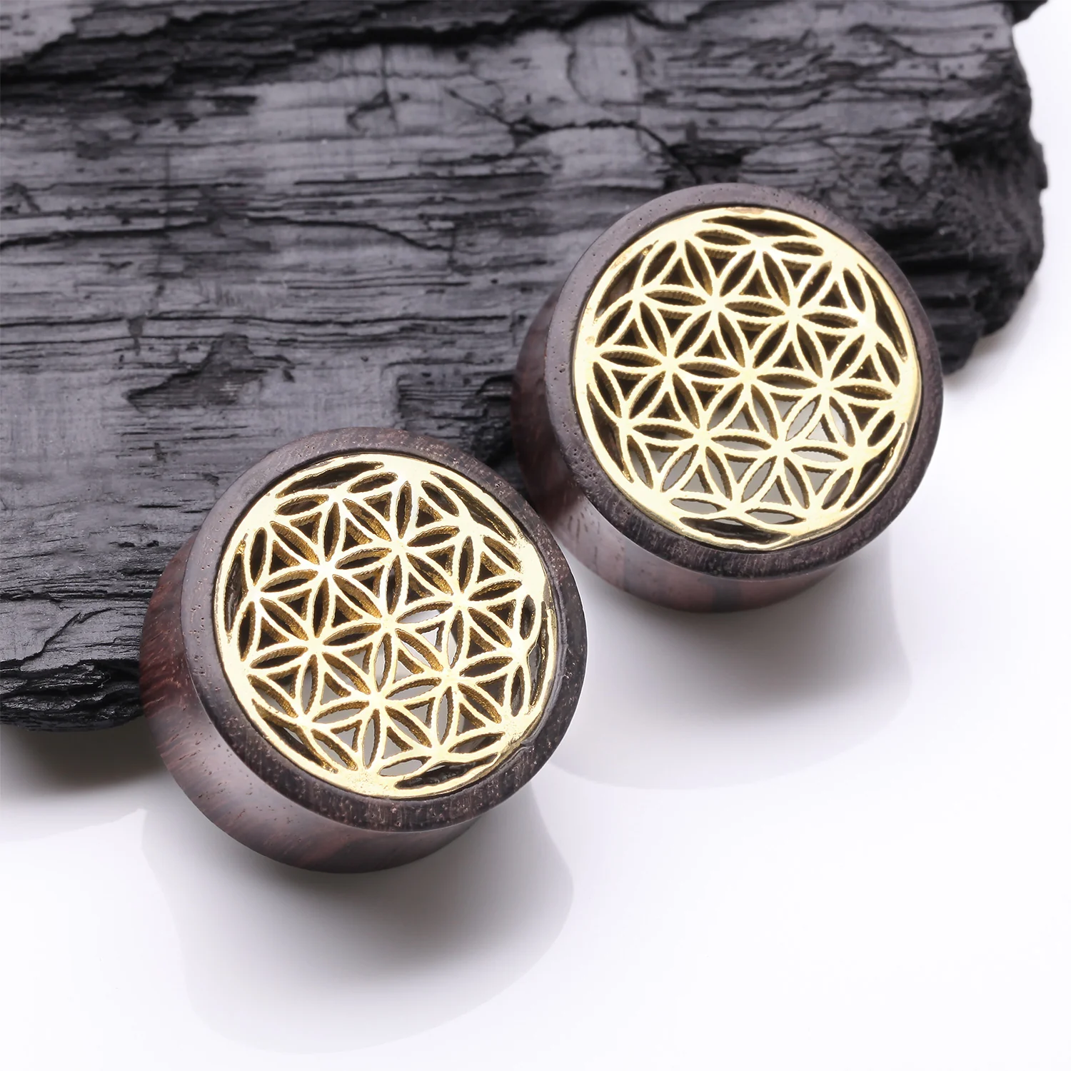 A Pair of Flower of Life Bali Brass Rosewood Double Flared Tunnel Plug - Image 2