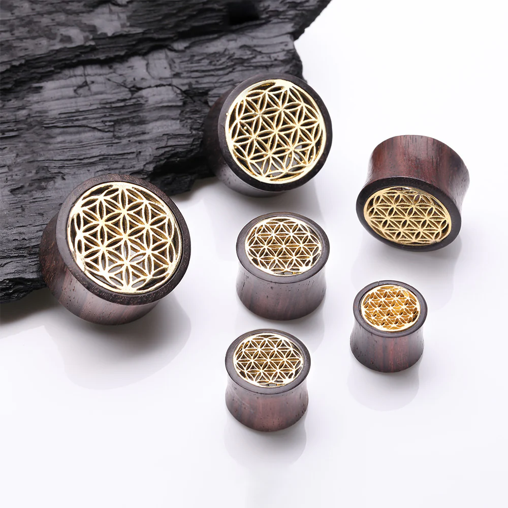 A Pair of Flower of Life Bali Brass Rosewood Double Flared Tunnel Plug - Image 3