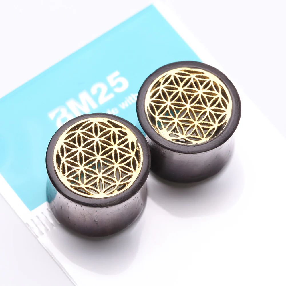A Pair of Flower of Life Bali Brass Rosewood Double Flared Tunnel Plug - Image 4