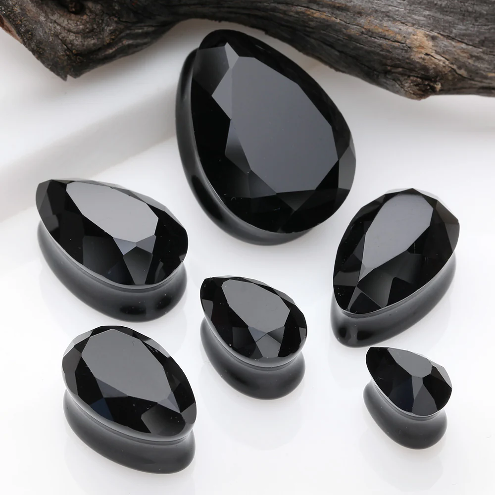 A Pair of Gemstone Cut Faceted Single Side Glass Double Flared Teardrop Plug - Image 3