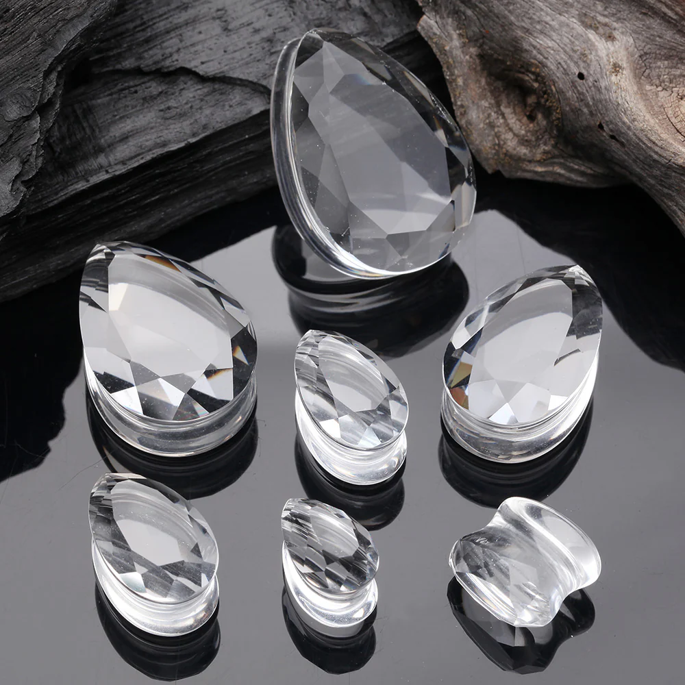 A Pair of Gemstone Cut Faceted Single Side Glass Double Flared Teardrop Plug - Image 3