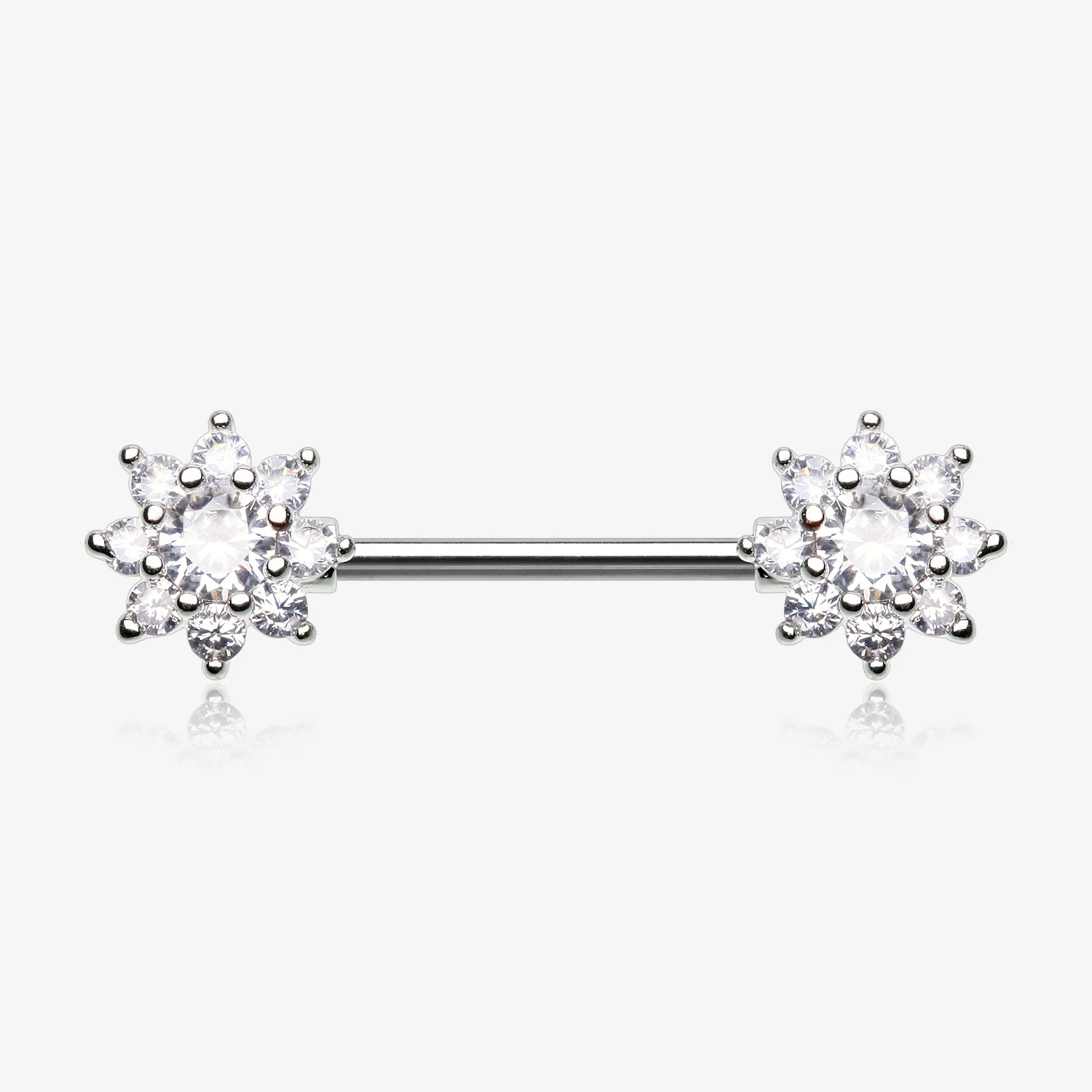 A Pair of Glistening Sparkle Flower Multi-Gem Nipple Barbell