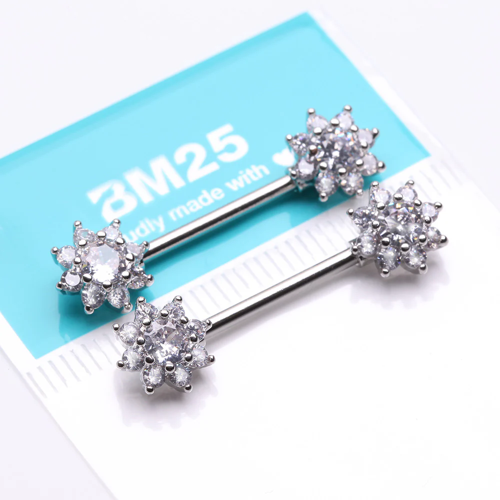 A Pair of Glistening Sparkle Flower Multi-Gem Nipple Barbell - Image 3