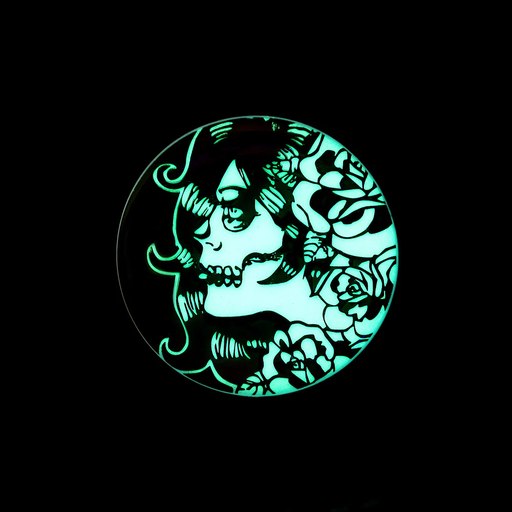 A Pair of Glow in the Dark Day of the Dead Girl Single Flared Ear Gauge Plug - Image 3