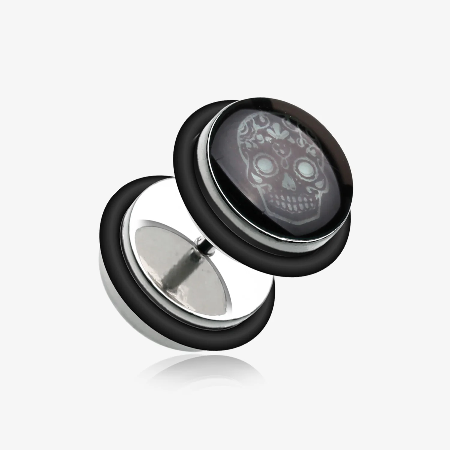 A Pair of Glow in the Dark Sugar Skull Steel Fake Plug with O-Rings