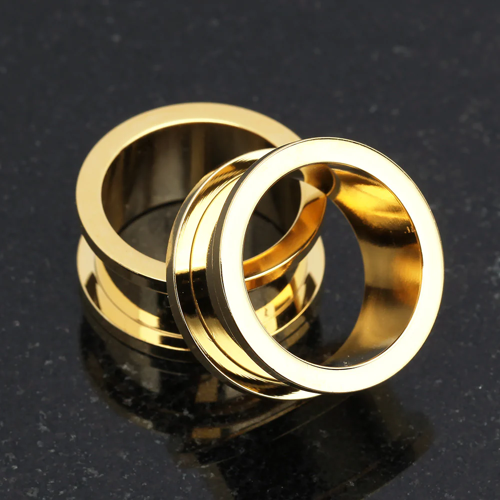 A Pair of Gold PVD Steel Screw-Fit Ear Gauge Tunnel Plug - Image 5