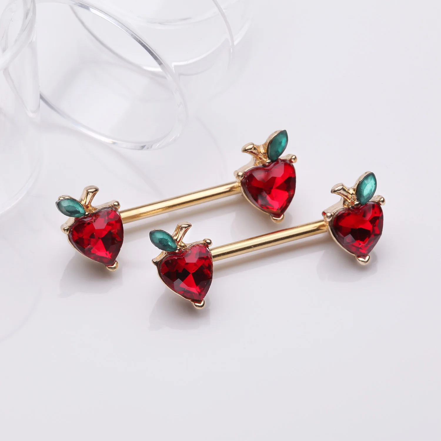 A Pair of Golden Adorable Red Apple Fruit Sparkle Nipple Barbell - Image 2