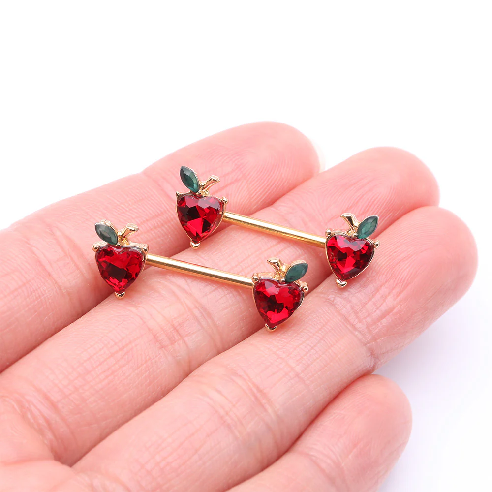 A Pair of Golden Adorable Red Apple Fruit Sparkle Nipple Barbell - Image 3