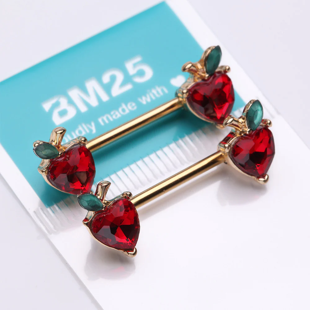A Pair of Golden Adorable Red Apple Fruit Sparkle Nipple Barbell - Image 4