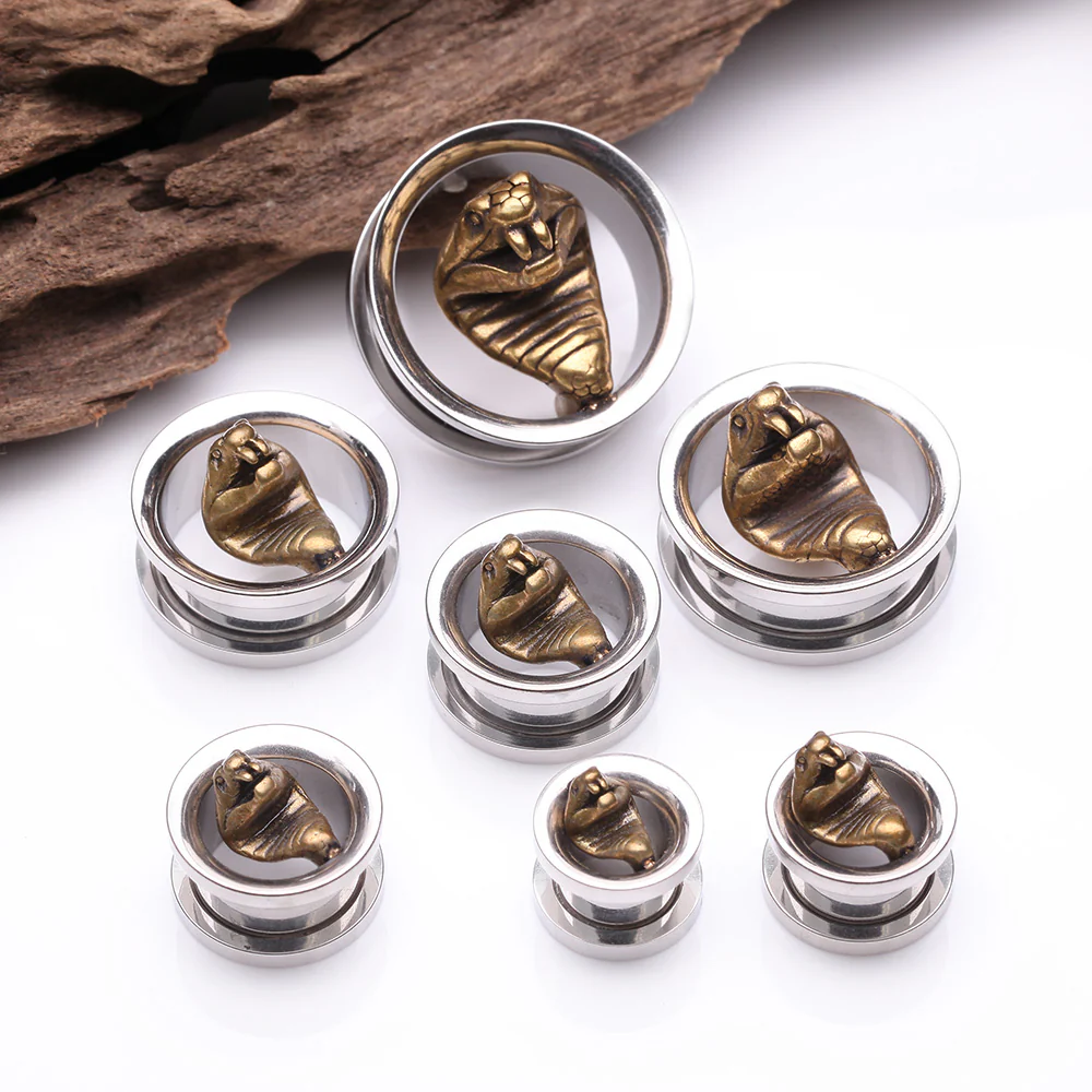 A Pair of Golden Antique Cobra Steel Screw-Fit Tunnel Plug - Image 3