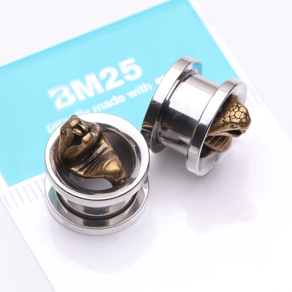 A Pair of Golden Antique Cobra Steel Screw-Fit Tunnel Plug - Image 4