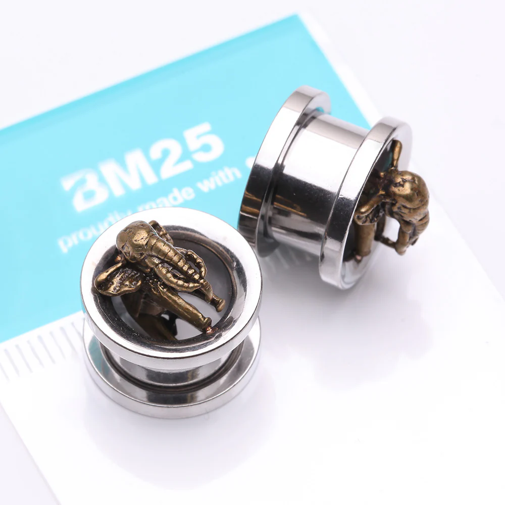 A Pair of Golden Antique Elephant Steel Screw-Fit Tunnel Plug - Image 4