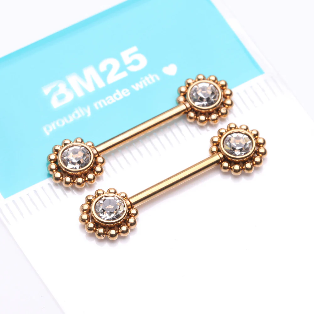 A Pair of Golden Bali Bead Karma Circle Sparkle Threadless Nipple Barbell - Image 3