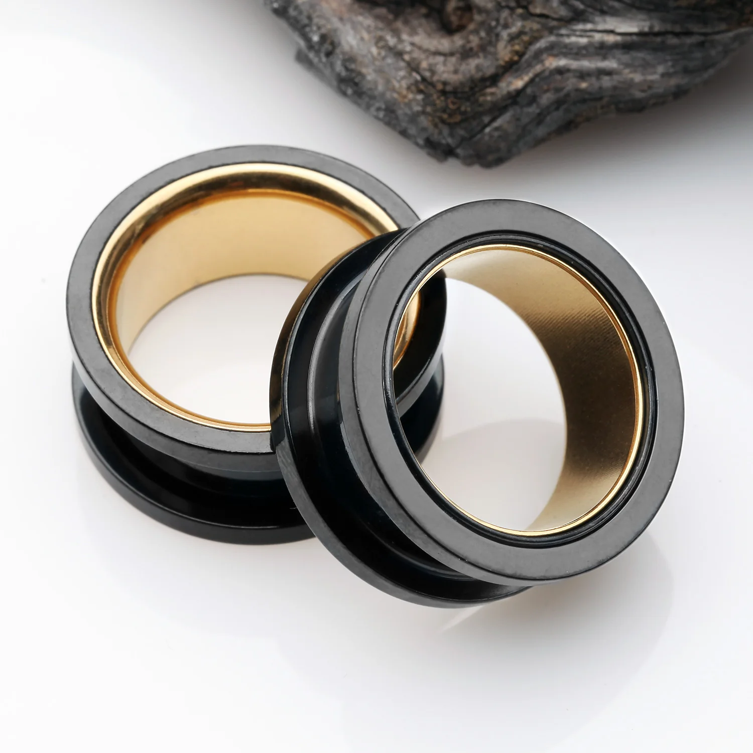 A Pair of Golden Black Steel Screw-Fit Eyelet Tunnel Plug - Image 2