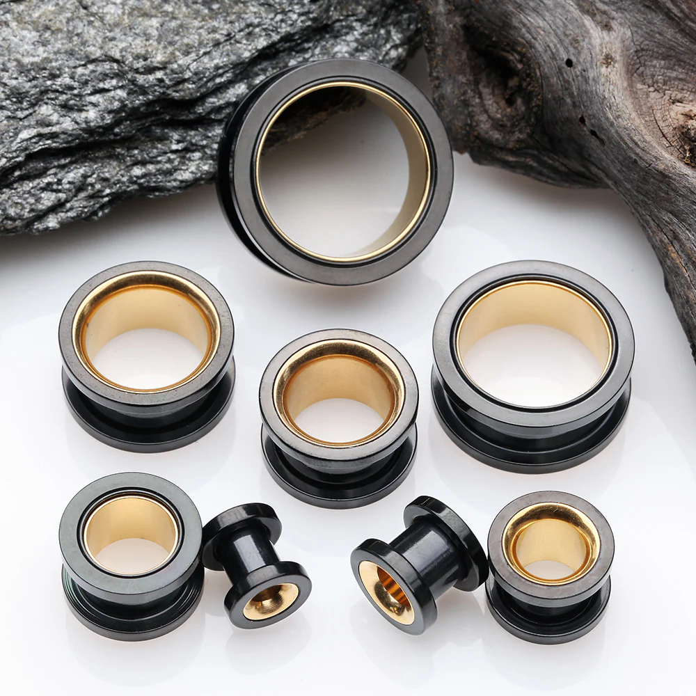 A Pair of Golden Black Steel Screw-Fit Eyelet Tunnel Plug - Image 3