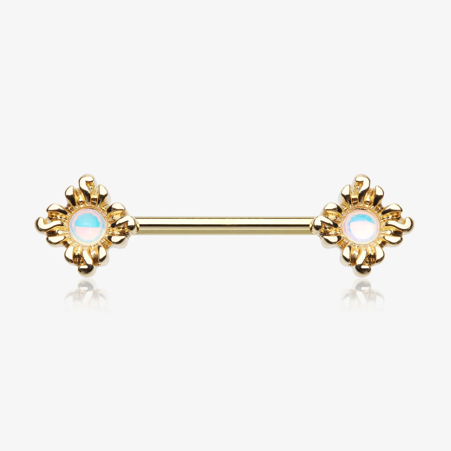 A Pair of Golden Blazing Sun Iridescent Revo Sparkle Nipple Barbell