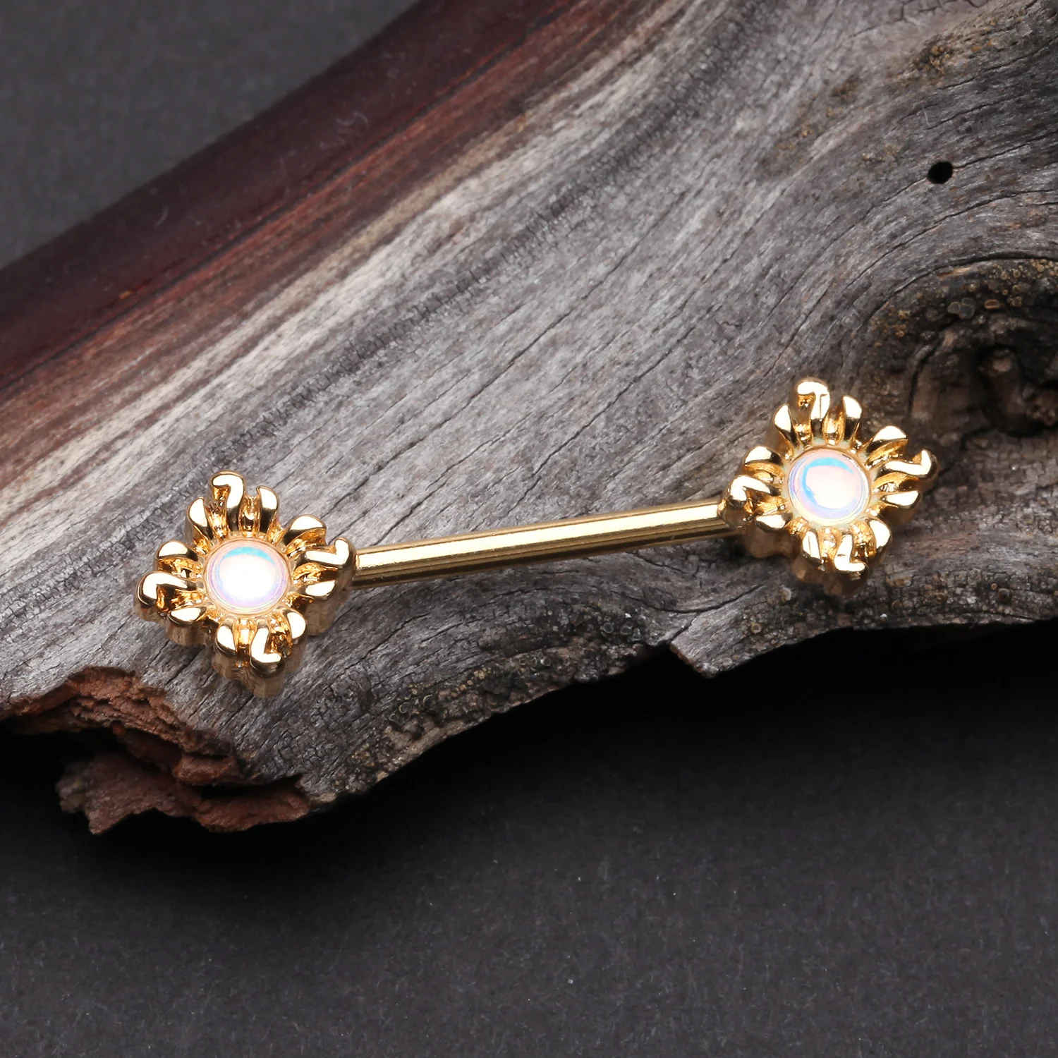 A Pair of Golden Blazing Sun Iridescent Revo Sparkle Nipple Barbell - Image 2