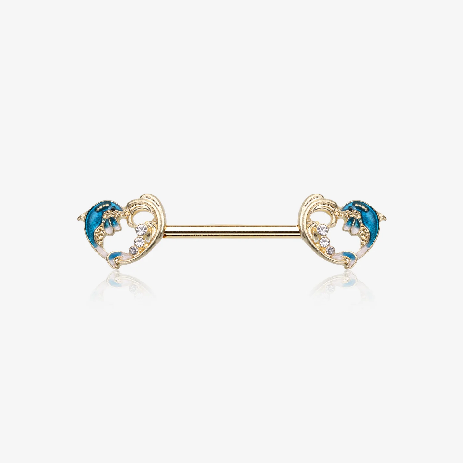 A Pair of Golden Blue Dolphin Wave Heart Sparkle Nipple Barbell