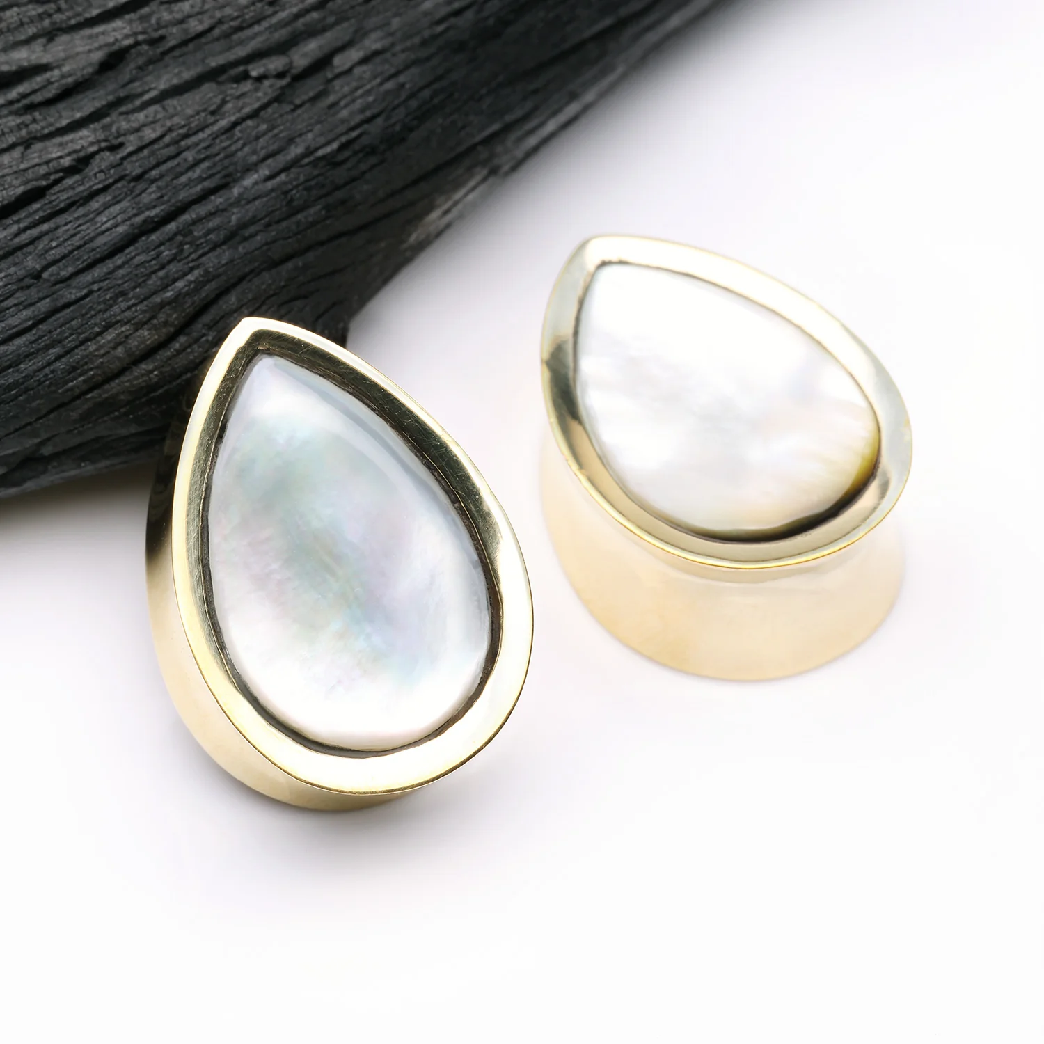 A Pair of Golden Brass Bali Mother of Pearl Inlay Teardrop Double Flared Plug - Image 2