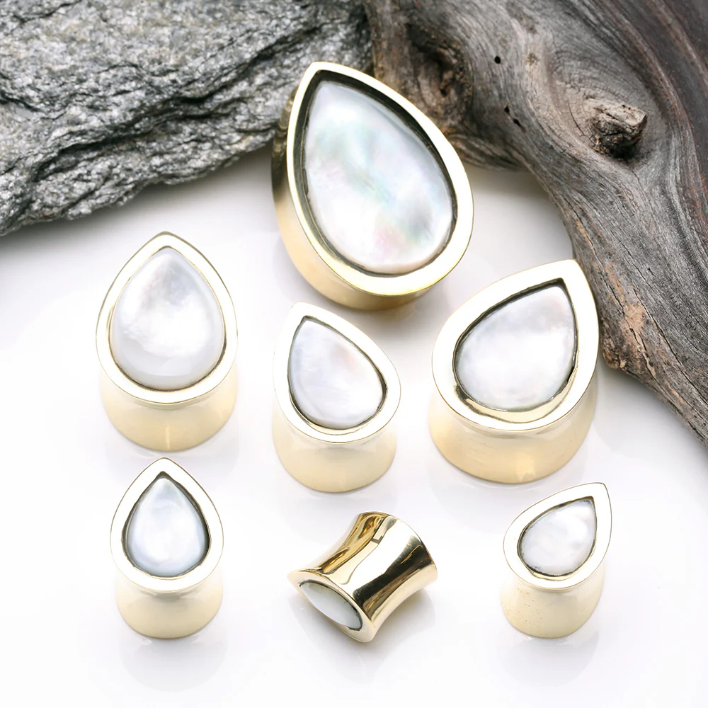 A Pair of Golden Brass Bali Mother of Pearl Inlay Teardrop Double Flared Plug - Image 3