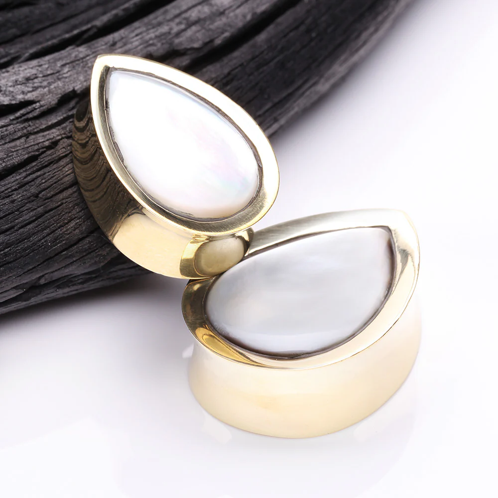 A Pair of Golden Brass Bali Mother of Pearl Inlay Teardrop Double Flared Plug - Image 4