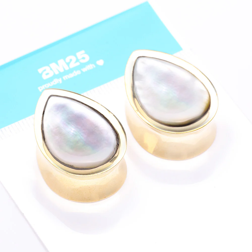 A Pair of Golden Brass Bali Mother of Pearl Inlay Teardrop Double Flared Plug - Image 5
