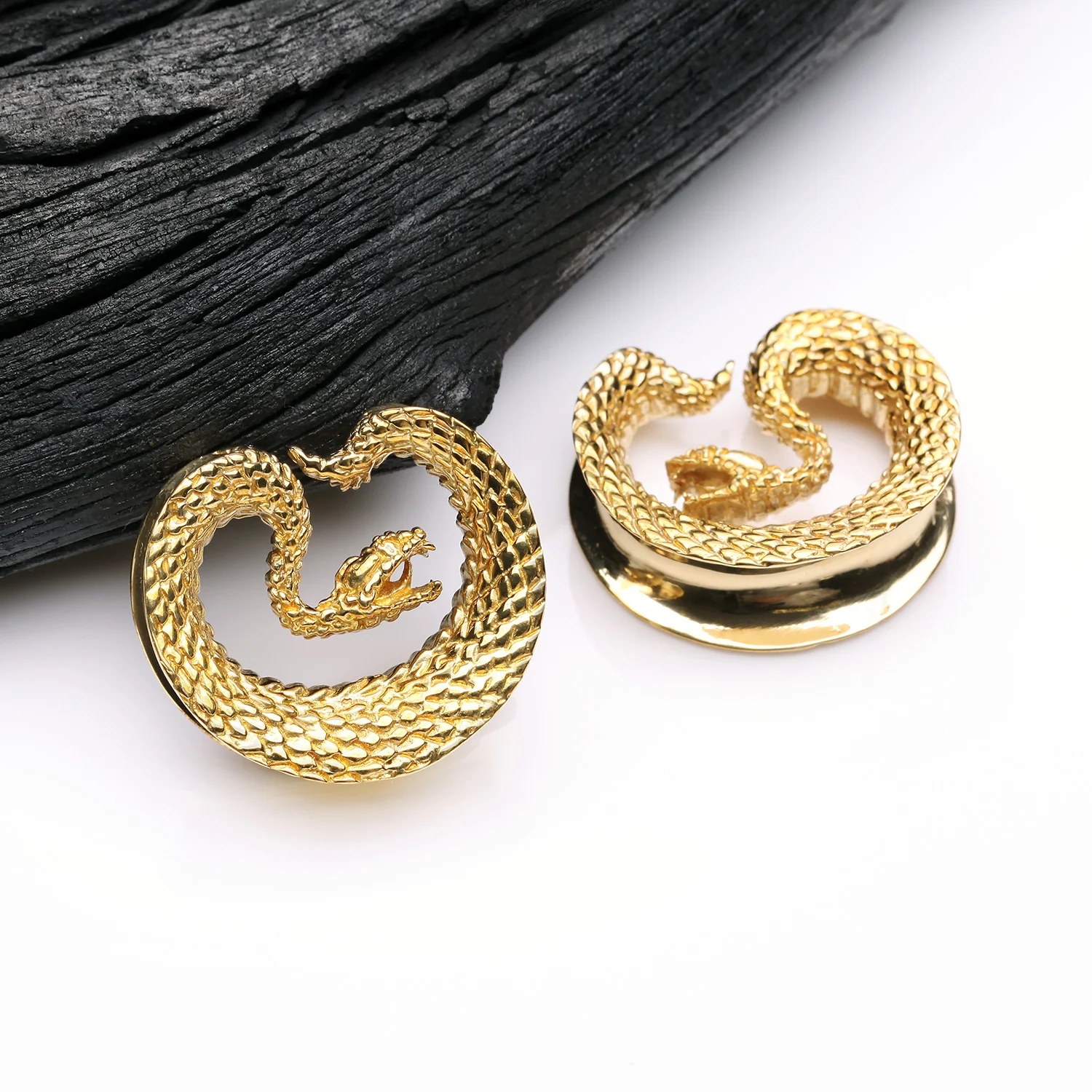 A Pair of Golden Brass Vicious Viper Snake Saddle Tunnel Plug - Image 2