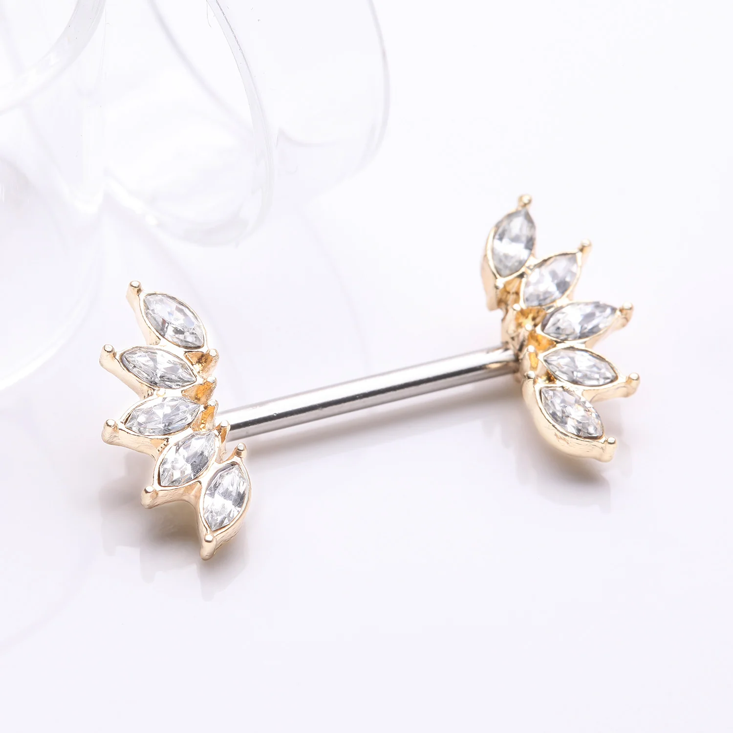 A Pair of Golden Brilliant Marquise Sparkle Floral Nipple Barbell - Image 2