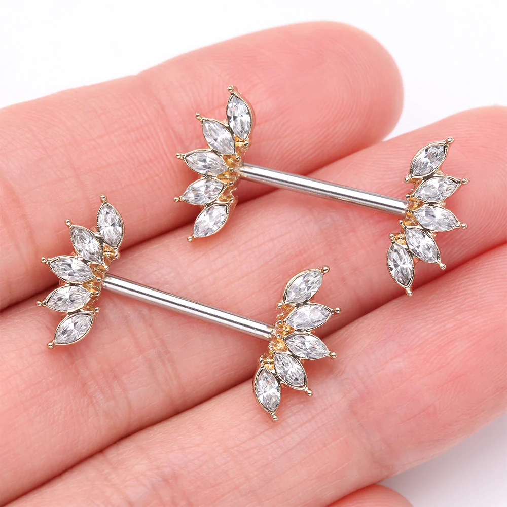A Pair of Golden Brilliant Marquise Sparkle Floral Nipple Barbell - Image 3