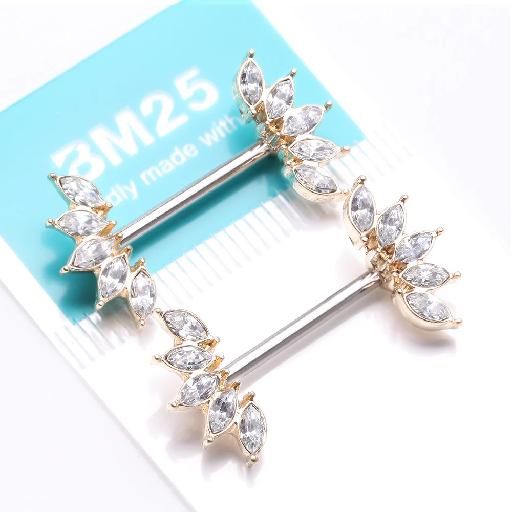 A Pair of Golden Brilliant Marquise Sparkle Floral Nipple Barbell - Image 4