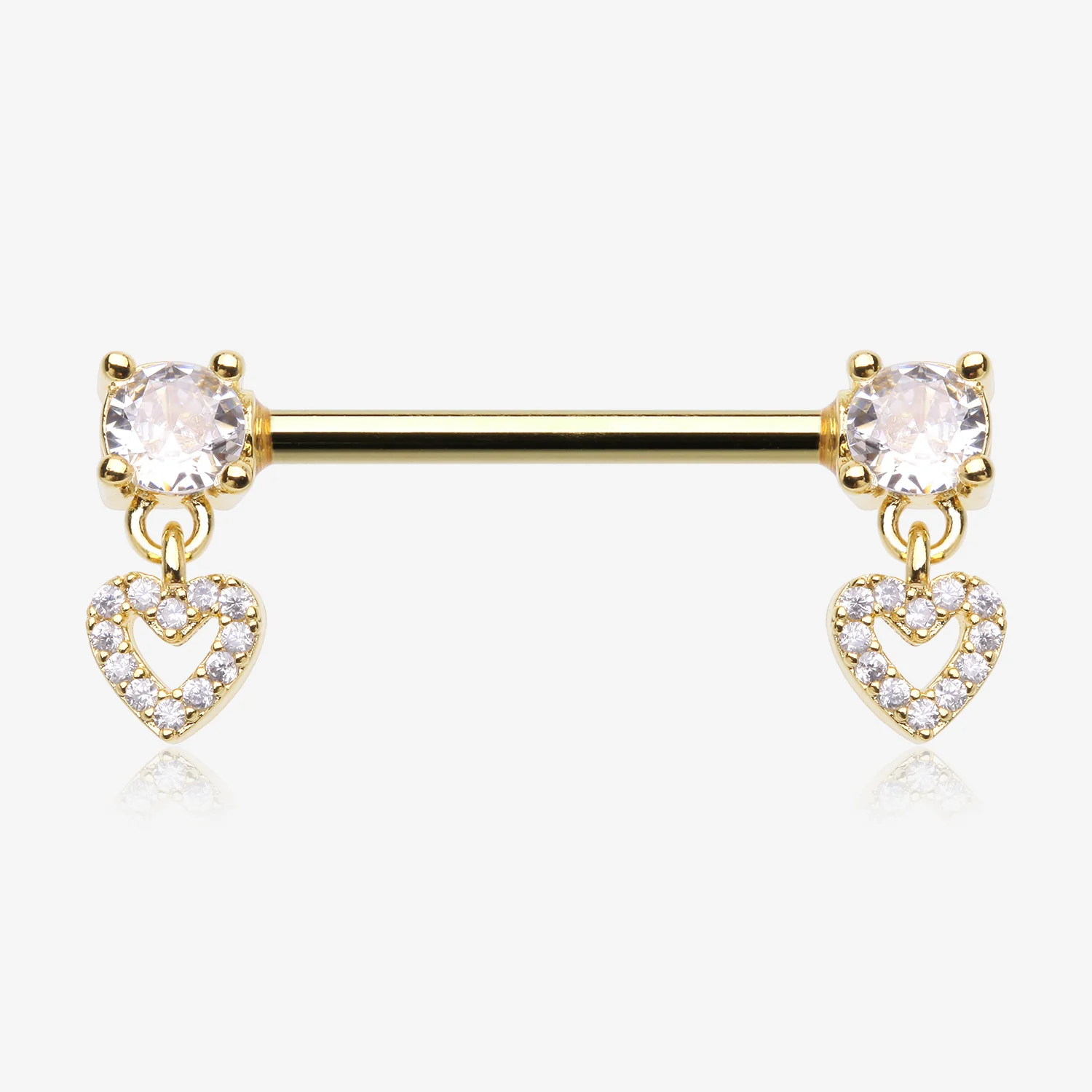 A Pair of Golden Brilliant Sparkle Heart Gem Hollow Dangle Nipple Barbell