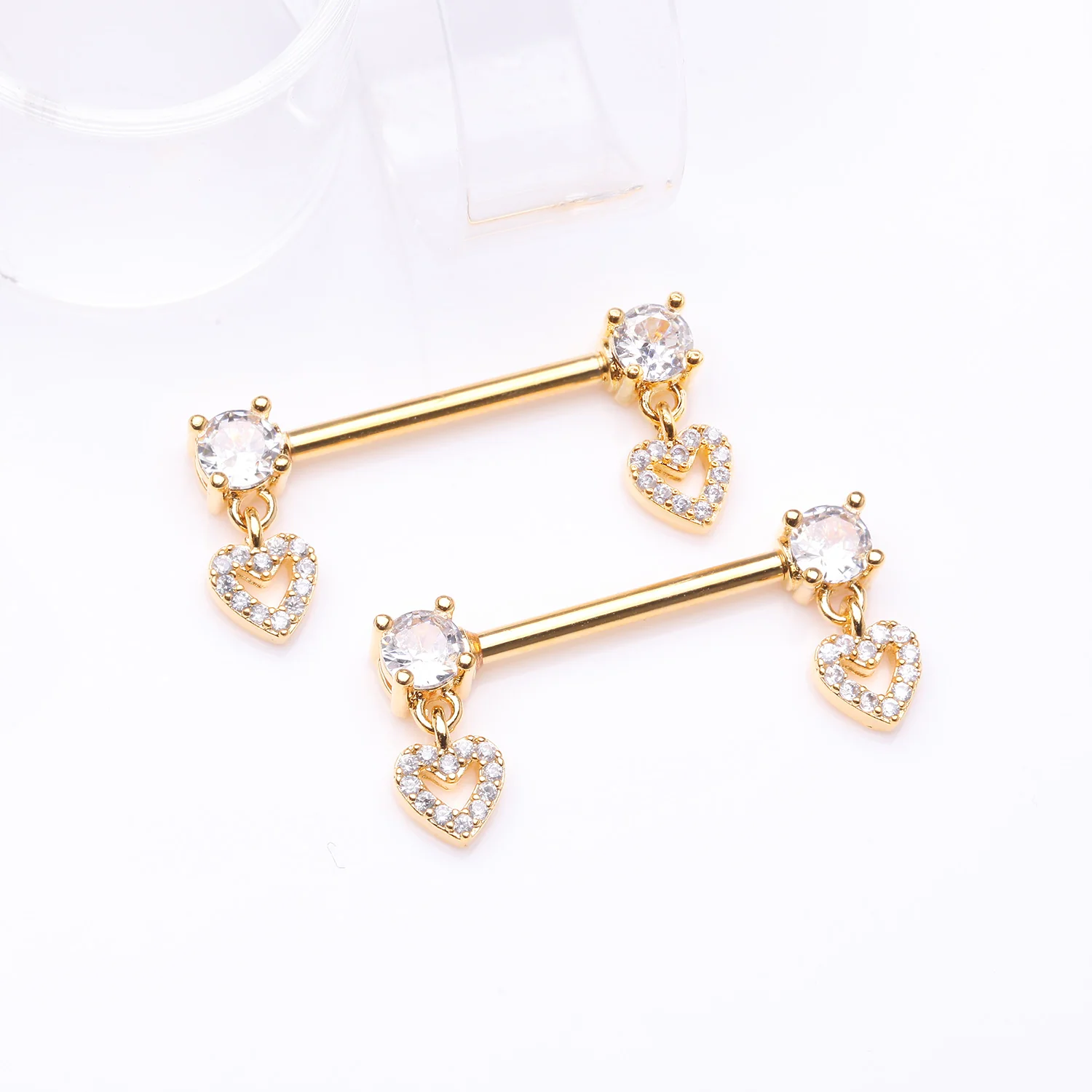 A Pair of Golden Brilliant Sparkle Heart Gem Hollow Dangle Nipple Barbell - Image 2