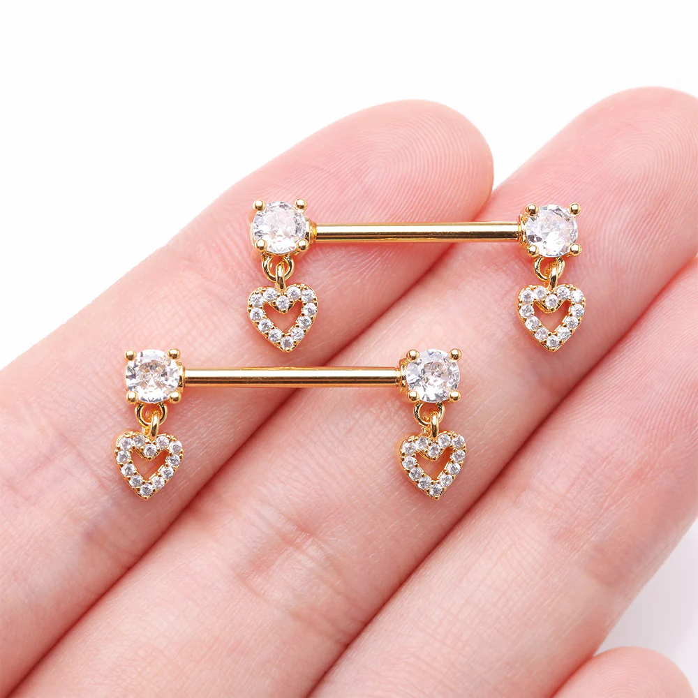 A Pair of Golden Brilliant Sparkle Heart Gem Hollow Dangle Nipple Barbell - Image 3