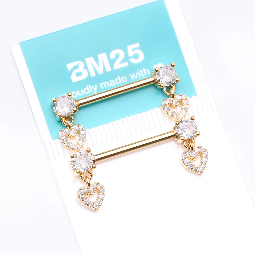A Pair of Golden Brilliant Sparkle Heart Gem Hollow Dangle Nipple Barbell - Image 4